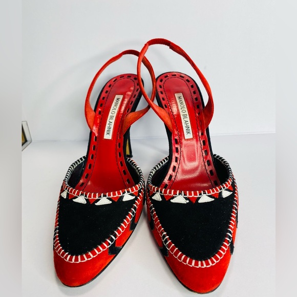 Manolo Blahnik Red and Black Patterned Suede snd Leather Heels Authentic - Picture 4 of 13